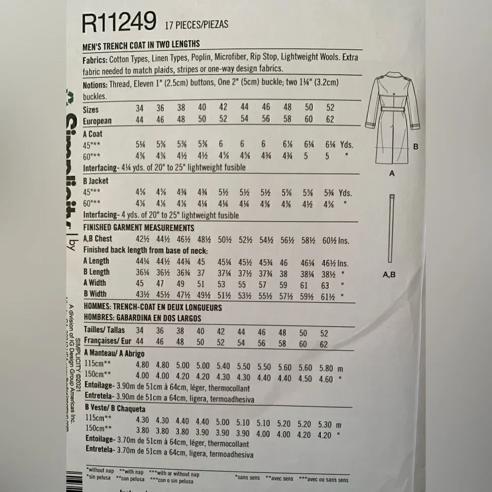 Simplicity size large  men's coat sewing pattern